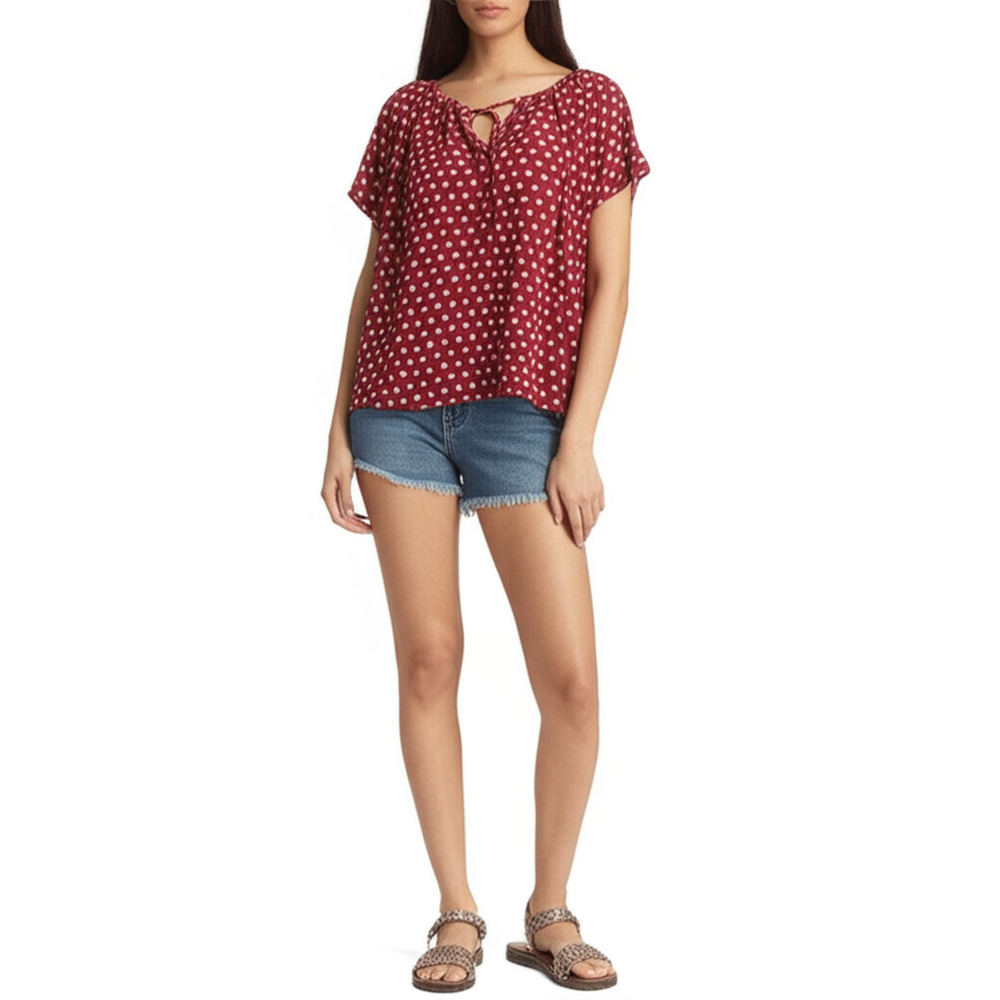 COMO BLU Blouse Womens PL Red White Polka Dot Shimmer Peasant Tie Neck Boho Chic